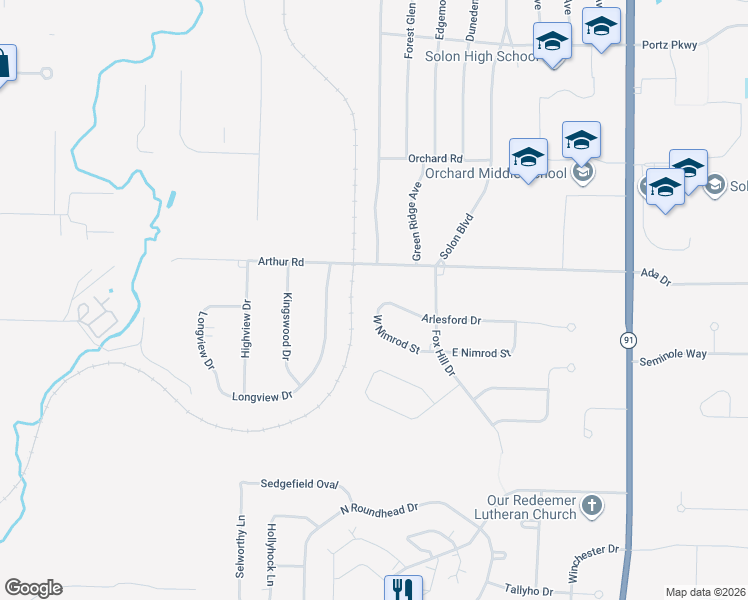 map of restaurants, bars, coffee shops, grocery stores, and more near 32461 Arlesford Drive in Solon