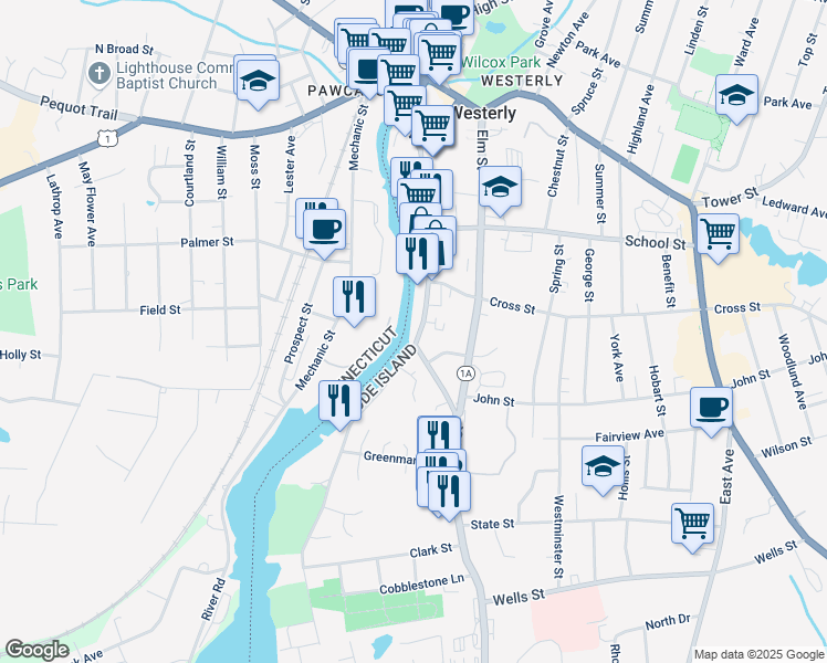 map of restaurants, bars, coffee shops, grocery stores, and more near 201 Main Street in Westerly