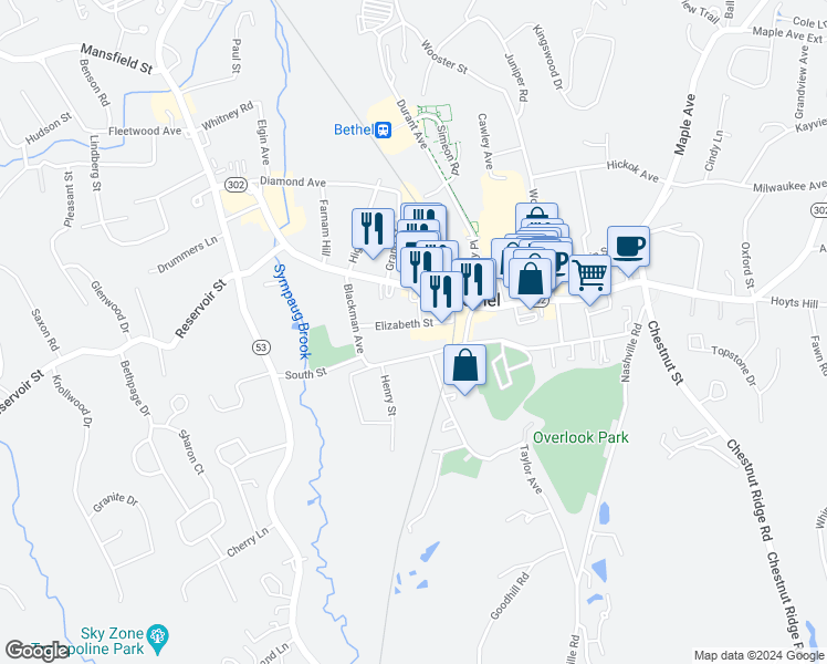 map of restaurants, bars, coffee shops, grocery stores, and more near 87 South Street in Bethel