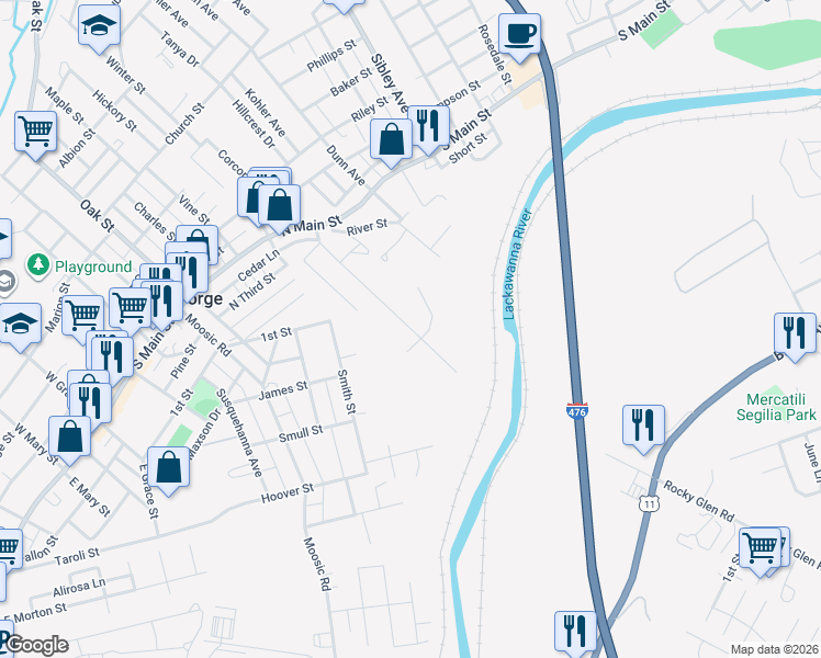 map of restaurants, bars, coffee shops, grocery stores, and more near 119 Lena Ln in Old Forge