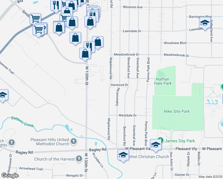 map of restaurants, bars, coffee shops, grocery stores, and more near 7183 Maplewood Road in Parma