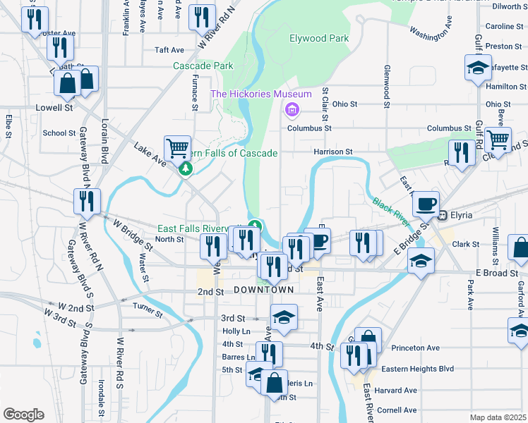 map of restaurants, bars, coffee shops, grocery stores, and more near 234 Washington Avenue in Elyria