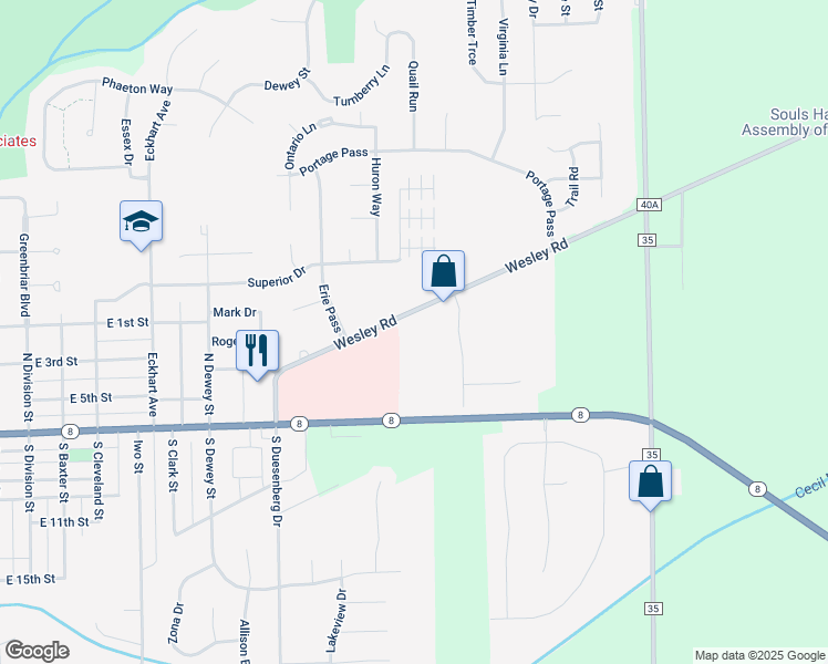 map of restaurants, bars, coffee shops, grocery stores, and more near 1751 Wesley Road in Auburn