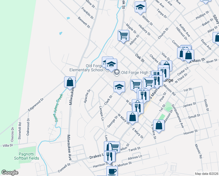 map of restaurants, bars, coffee shops, grocery stores, and more near 506 West Grace Street in Old Forge