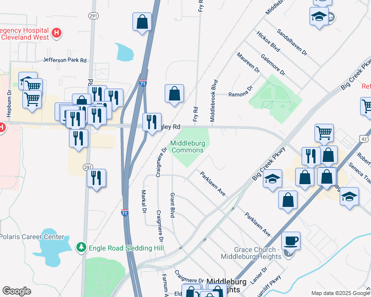 map of restaurants, bars, coffee shops, grocery stores, and more near 16699 Bagley Road in Middleburg Heights