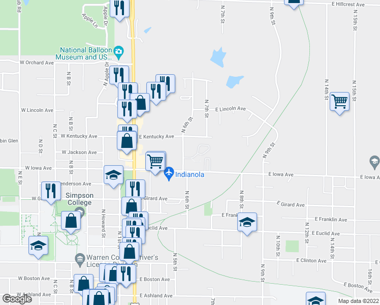 map of restaurants, bars, coffee shops, grocery stores, and more near 1100 North 6th Street in Indianola