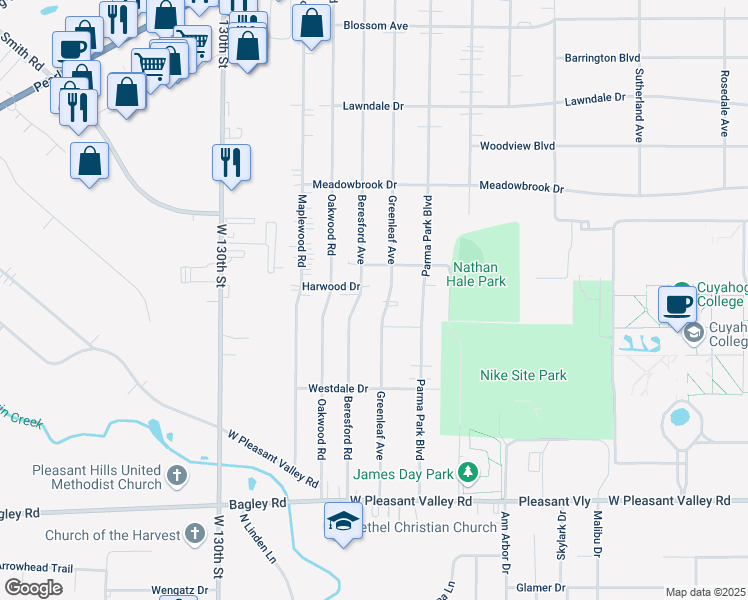 map of restaurants, bars, coffee shops, grocery stores, and more near 7192 Greenleaf Avenue in Parma