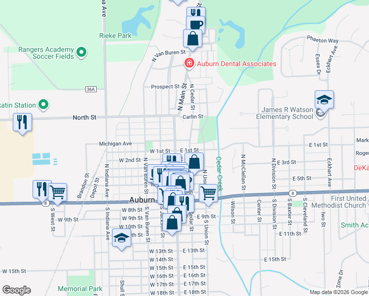 map of restaurants, bars, coffee shops, grocery stores, and more near 116 East 1st Street in Auburn
