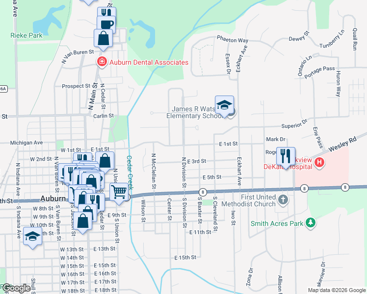 map of restaurants, bars, coffee shops, grocery stores, and more near 498 N Division St in Auburn
