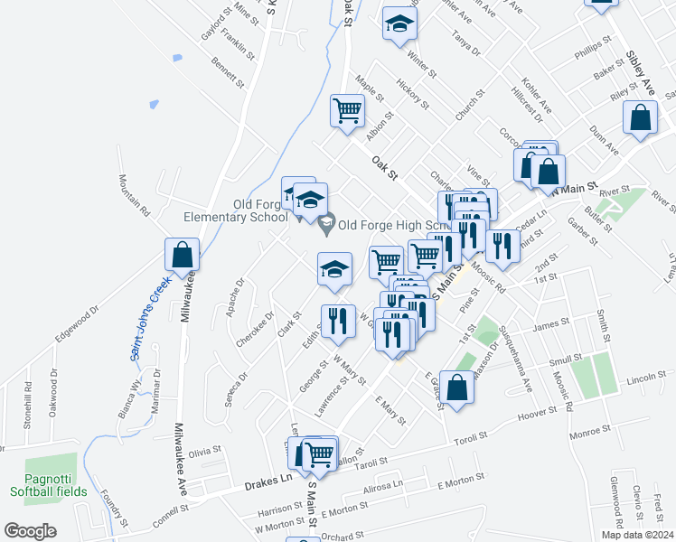 map of restaurants, bars, coffee shops, grocery stores, and more near 407 West Grace Street in Old Forge