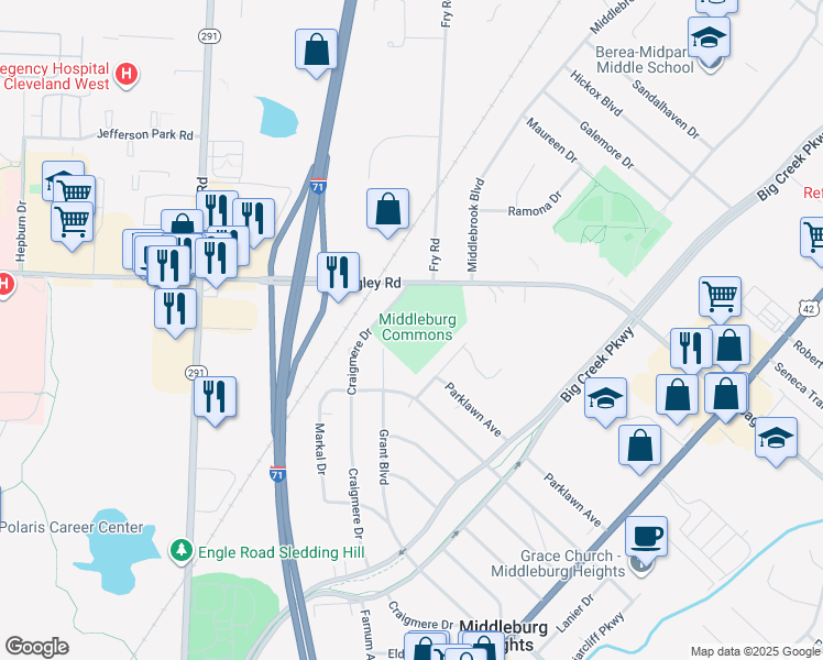 map of restaurants, bars, coffee shops, grocery stores, and more near 7236 Packard Avenue in Middleburg Heights