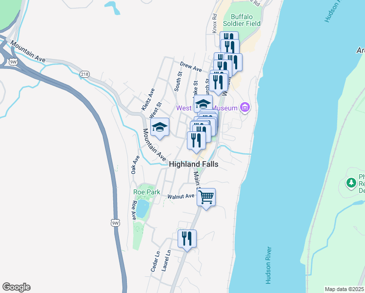 map of restaurants, bars, coffee shops, grocery stores, and more near in Highland Falls
