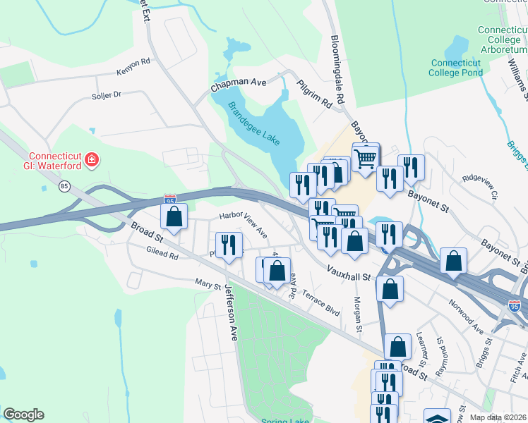 map of restaurants, bars, coffee shops, grocery stores, and more near 567 Vauxhall Street in New London