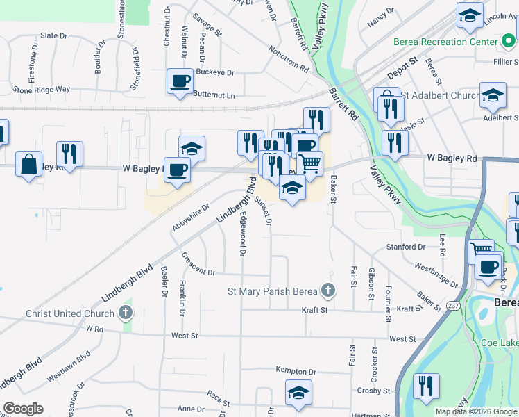 map of restaurants, bars, coffee shops, grocery stores, and more near 97 Edgewood Drive in Berea