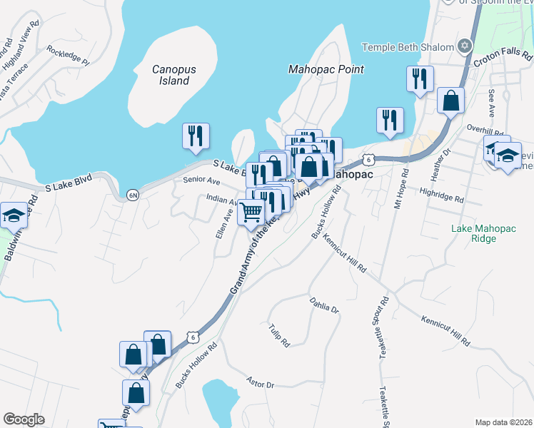 map of restaurants, bars, coffee shops, grocery stores, and more near 572 U.S. 6 in Mahopac