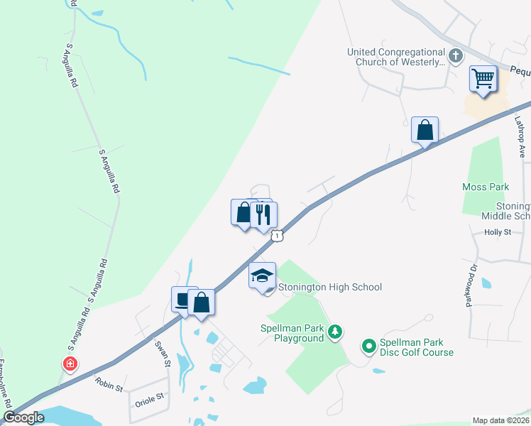 map of restaurants, bars, coffee shops, grocery stores, and more near 101 Brookside Lane in Stonington