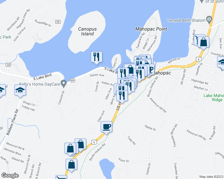 map of restaurants, bars, coffee shops, grocery stores, and more near 16 Ellen Avenue in Mahopac