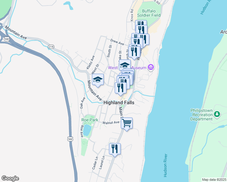 map of restaurants, bars, coffee shops, grocery stores, and more near 2 Mountain Avenue in Highland Falls
