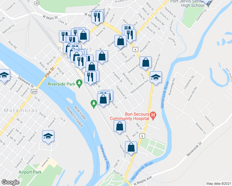 map of restaurants, bars, coffee shops, grocery stores, and more near 126 Ball Street in Port Jervis