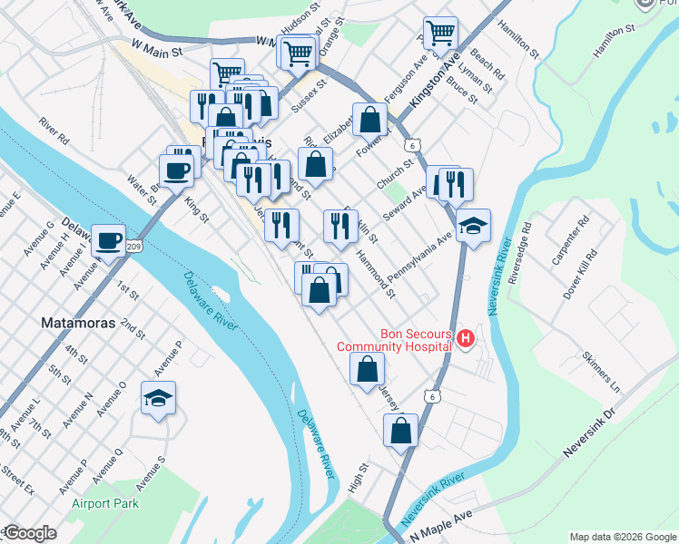 map of restaurants, bars, coffee shops, grocery stores, and more near 138-140 Front Street in Port Jervis