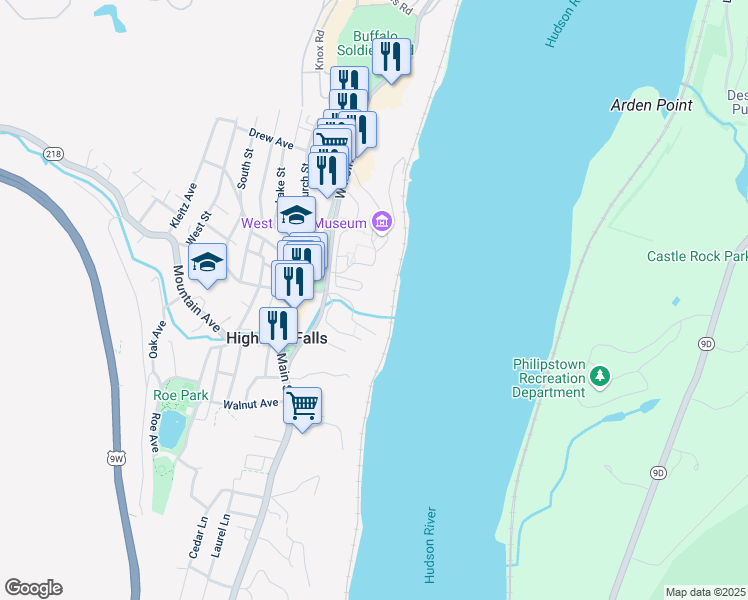 map of restaurants, bars, coffee shops, grocery stores, and more near 39 Webb Lane in Highland Falls