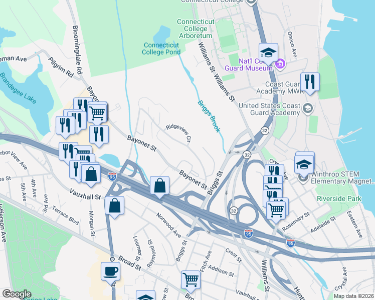 map of restaurants, bars, coffee shops, grocery stores, and more near 84 Hawthorne Drive in New London