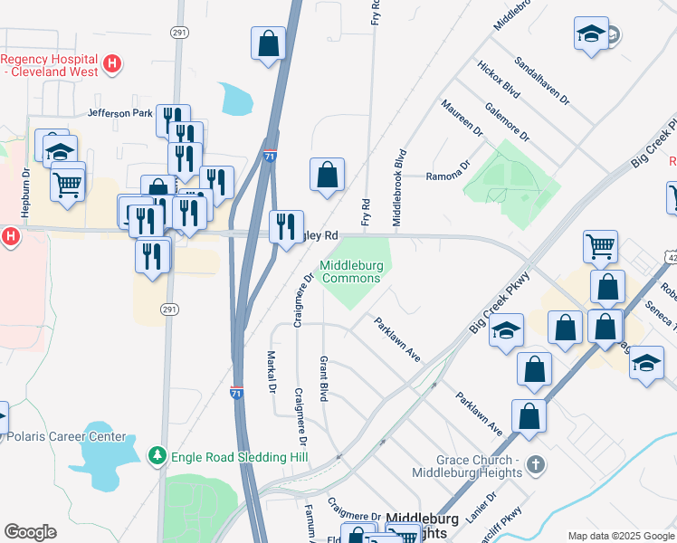 map of restaurants, bars, coffee shops, grocery stores, and more near 16699 Bagley Road in Middleburg Heights