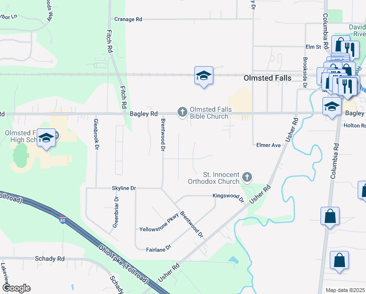 map of restaurants, bars, coffee shops, grocery stores, and more near 8396 Old Post Road in Olmsted Falls