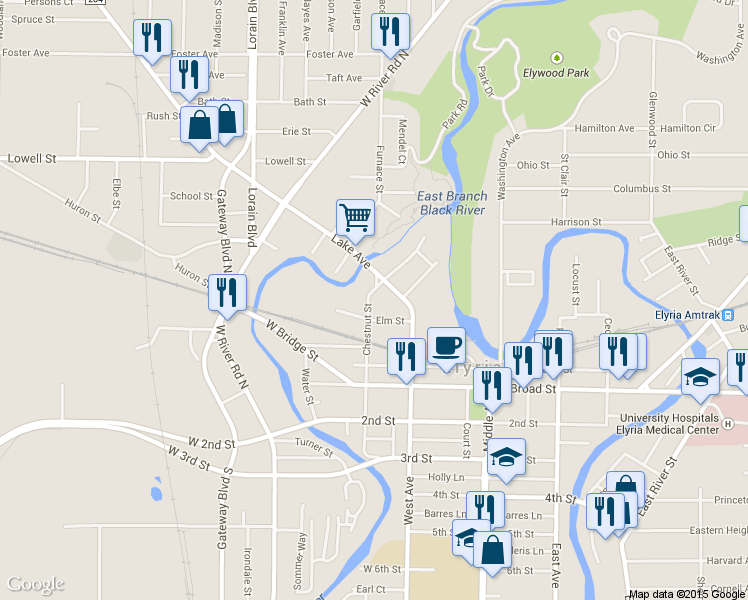 map of restaurants, bars, coffee shops, grocery stores, and more near 22 Chestnut Street in Elyria
