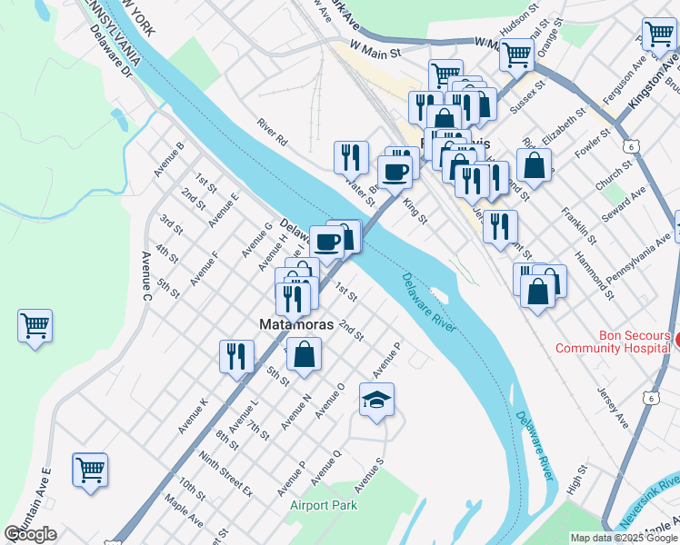 map of restaurants, bars, coffee shops, grocery stores, and more near 102 Pennsylvania Avenue in Matamoras