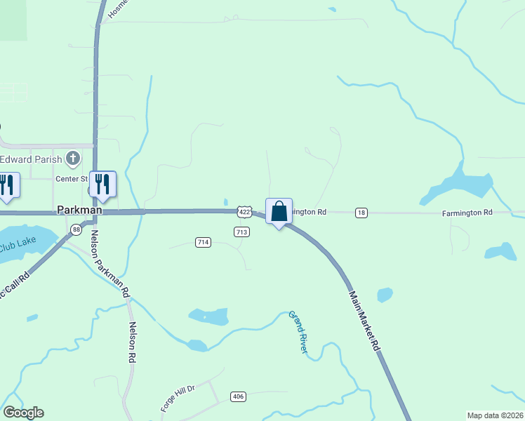 map of restaurants, bars, coffee shops, grocery stores, and more near 18351 Grand River Drive in West Farmington