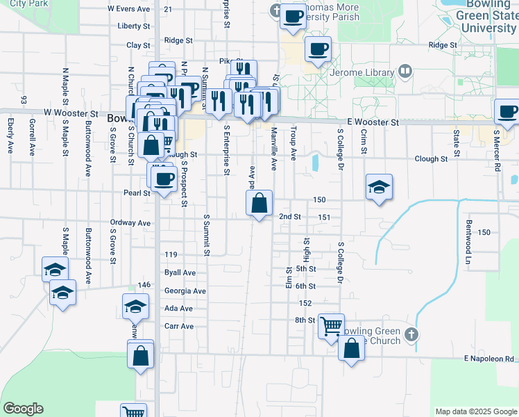 map of restaurants, bars, coffee shops, grocery stores, and more near 480 Lehman Avenue in Bowling Green