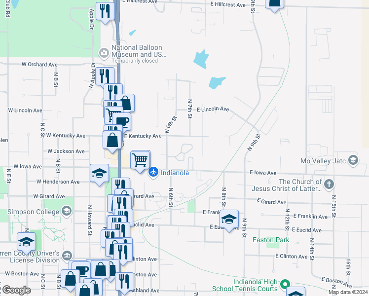 map of restaurants, bars, coffee shops, grocery stores, and more near 1104 North 6th Street in Indianola