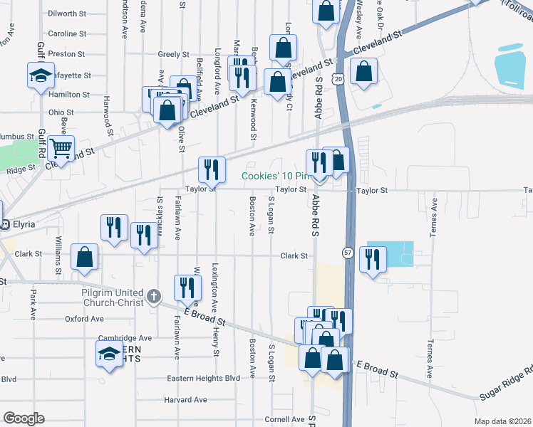 map of restaurants, bars, coffee shops, grocery stores, and more near 160 Boston Avenue in Elyria