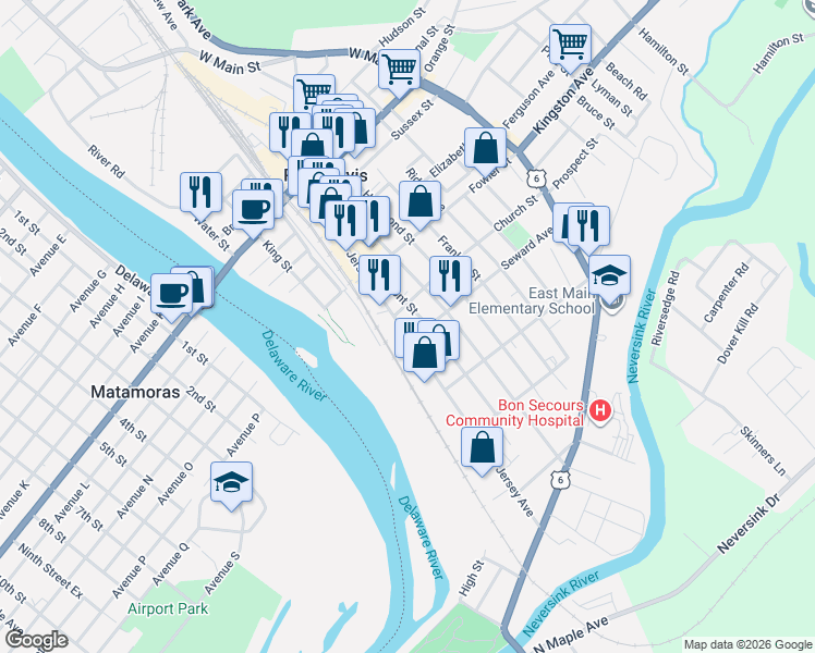 map of restaurants, bars, coffee shops, grocery stores, and more near 95 Jersey Avenue in Port Jervis