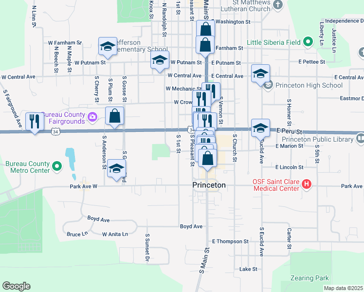 map of restaurants, bars, coffee shops, grocery stores, and more near 510 South 1st Street in Princeton