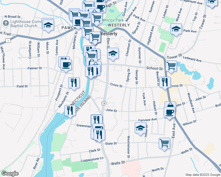 map of restaurants, bars, coffee shops, grocery stores, and more near 60 Elm Street in Westerly