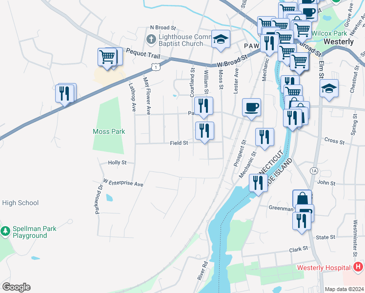 map of restaurants, bars, coffee shops, grocery stores, and more near 46 Fellows Street in Stonington