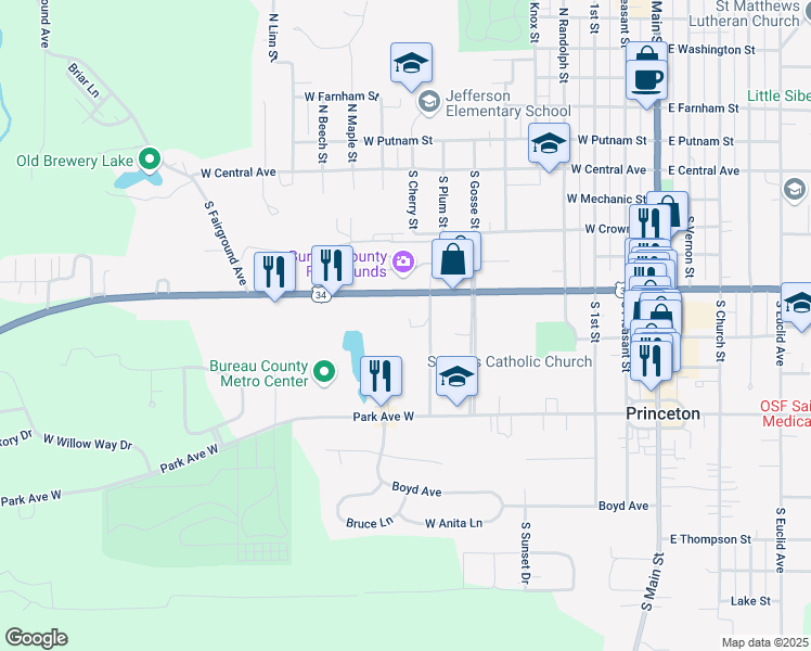 map of restaurants, bars, coffee shops, grocery stores, and more near Alex Street in Princeton