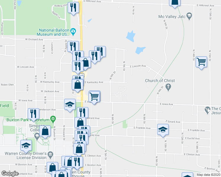 map of restaurants, bars, coffee shops, grocery stores, and more near 1112 North 6th Street in Indianola