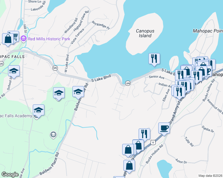 map of restaurants, bars, coffee shops, grocery stores, and more near 15 Colonial Terrace in Mahopac