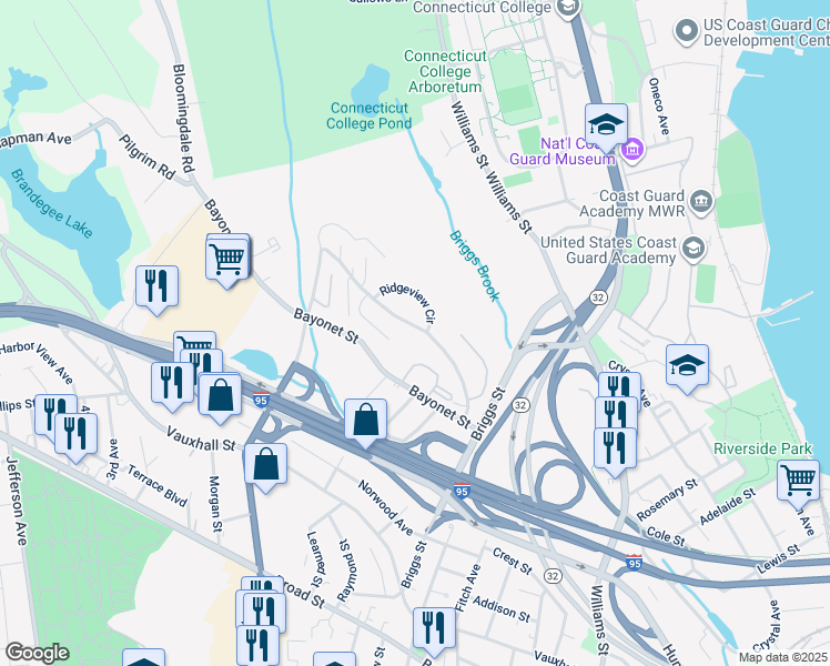 map of restaurants, bars, coffee shops, grocery stores, and more near 96 Hawthorne Drive in New London