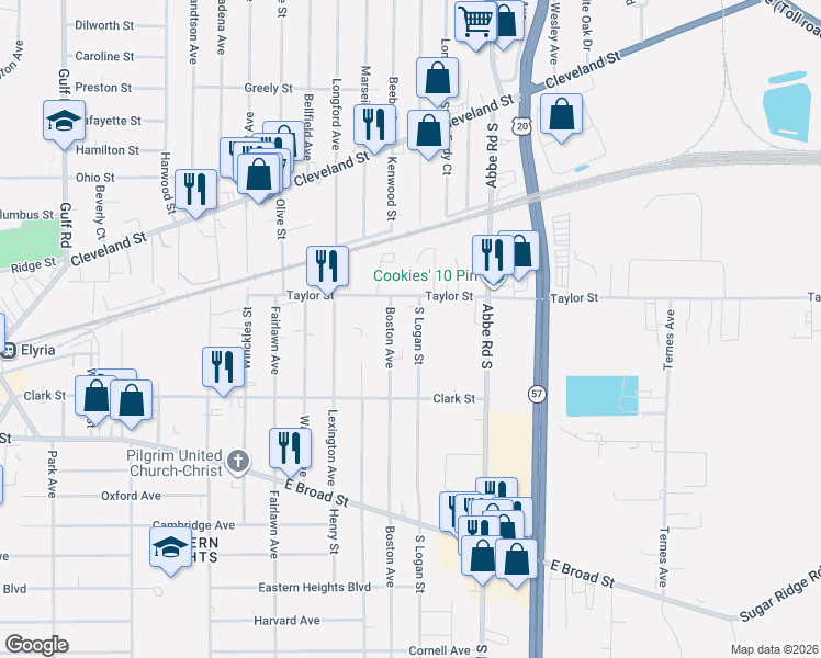map of restaurants, bars, coffee shops, grocery stores, and more near 160 Boston Avenue in Elyria
