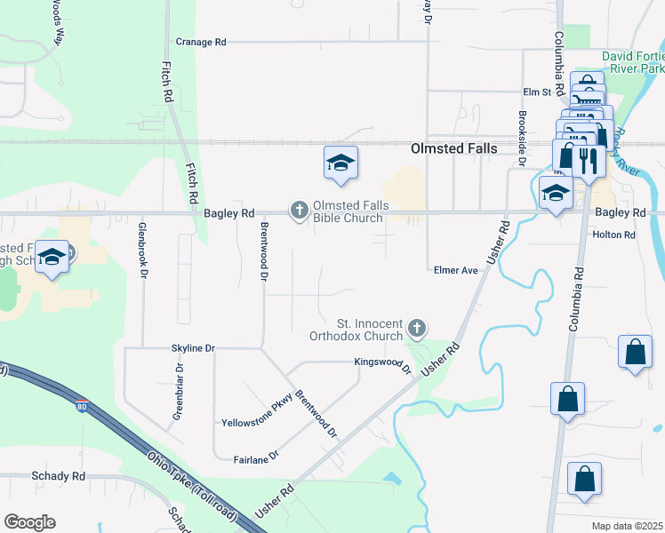 map of restaurants, bars, coffee shops, grocery stores, and more near 26405 Bagley Road in Olmsted Falls