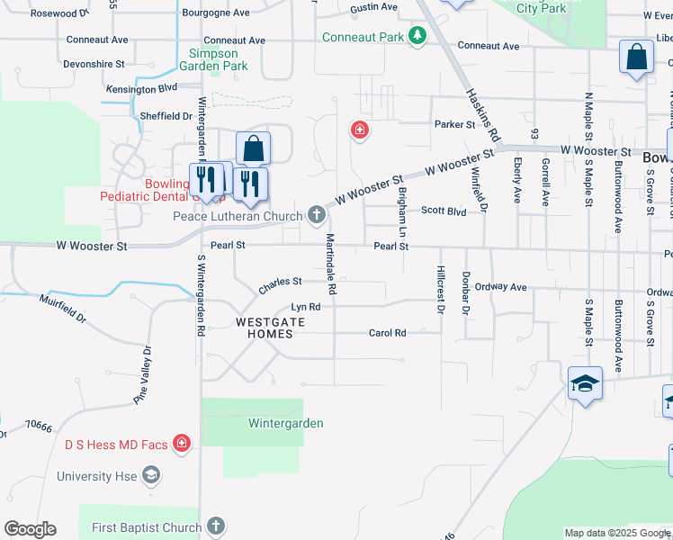 map of restaurants, bars, coffee shops, grocery stores, and more near 306 Martindale Road in Bowling Green