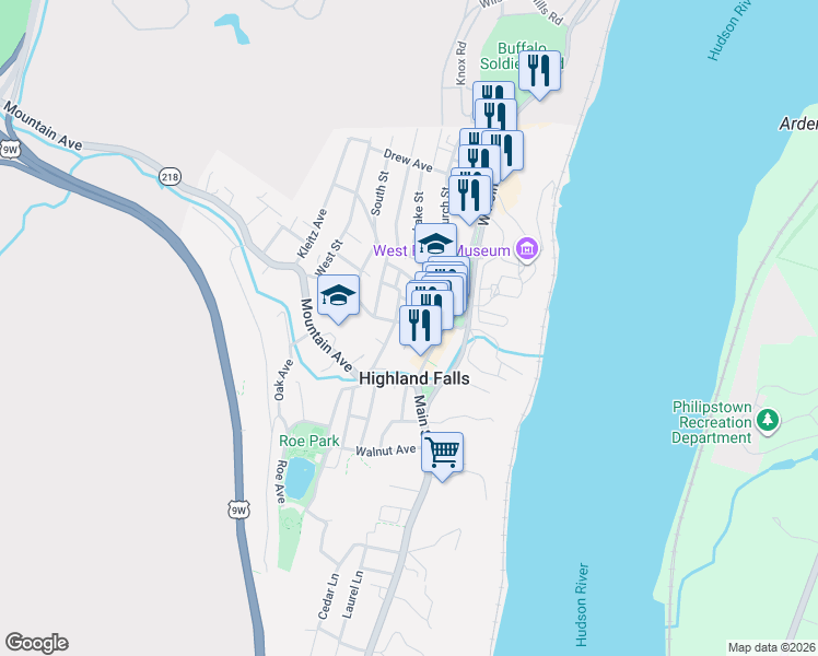 map of restaurants, bars, coffee shops, grocery stores, and more near 17 Schneider Avenue in Highland Falls