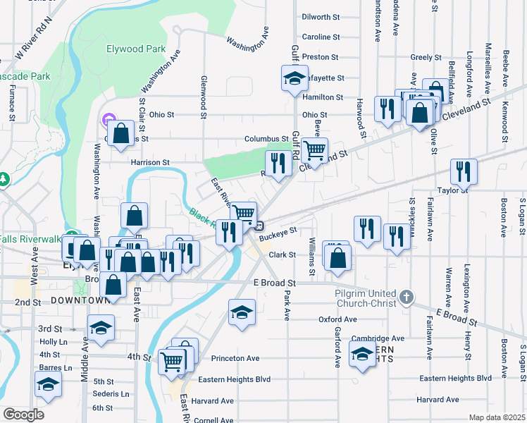 map of restaurants, bars, coffee shops, grocery stores, and more near in Elyria