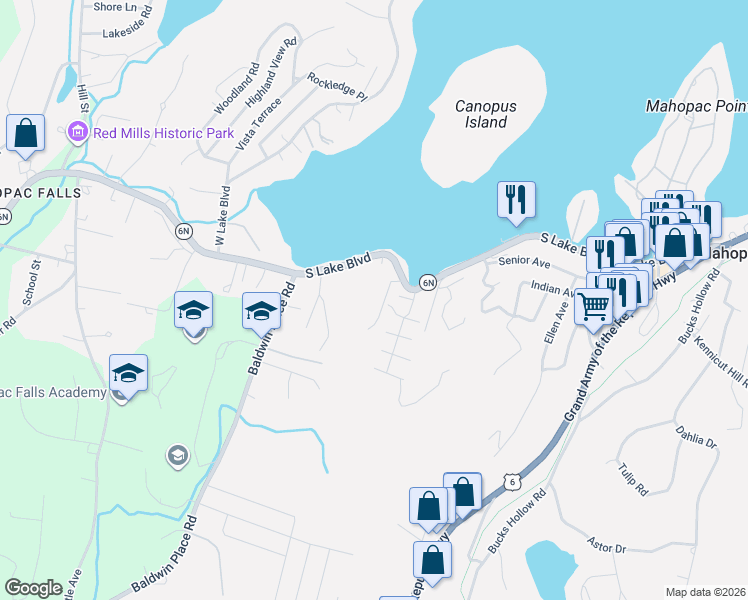 map of restaurants, bars, coffee shops, grocery stores, and more near 15 Colonial Terrace in Mahopac