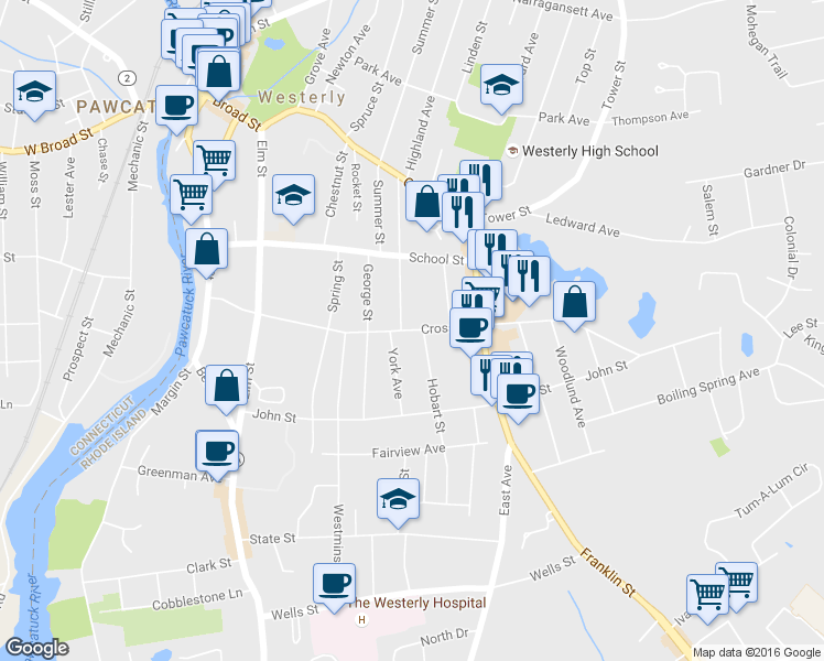 map of restaurants, bars, coffee shops, grocery stores, and more near 62 Cross Street in Westerly
