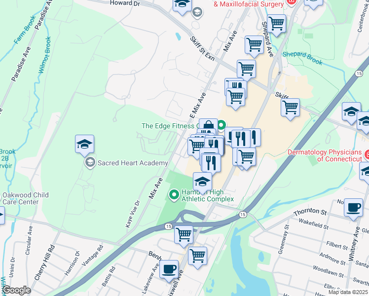 map of restaurants, bars, coffee shops, grocery stores, and more near 667 Mix Avenue in Hamden